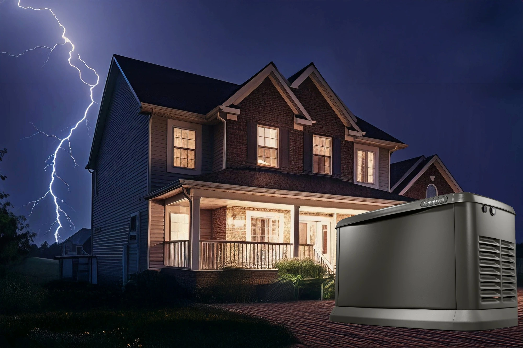 House with Lighting Behind it with a honey well Generator